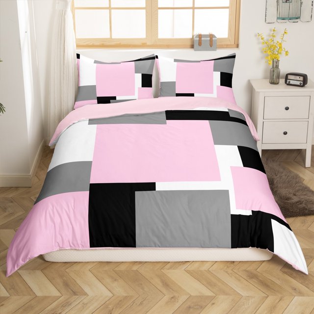 Erosebridal Housse de Couette Géométrique Double, Housse de Couette Carrée Rectangulaire Double, Déco à Rayures Abstraites, Réversible 3 Pcs
