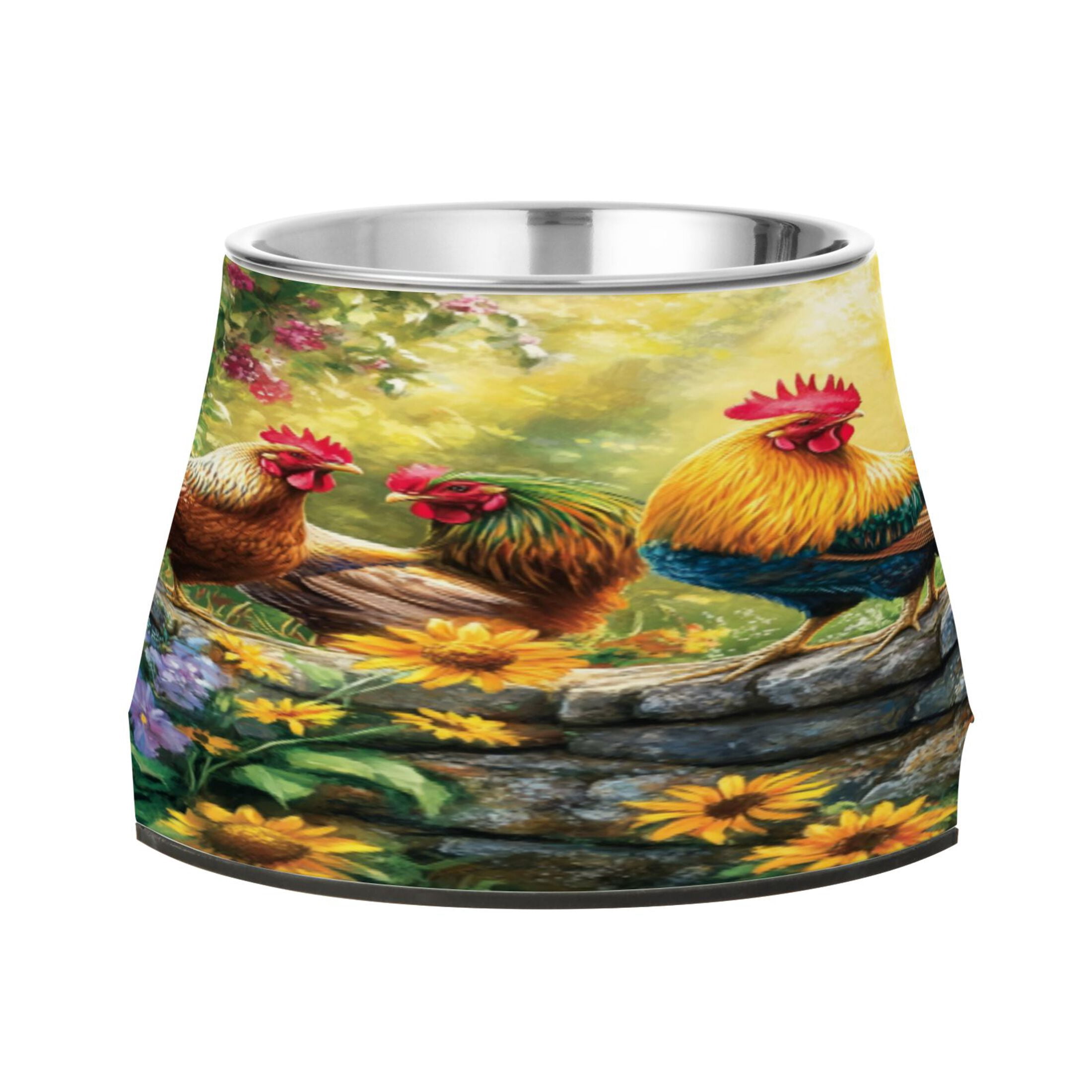 Raised Pet Bowl with Removable Stainless Steel Insert Anti-Slip No-Tip Dog Bowl for Small to Medium Pets Beautiful Rooster