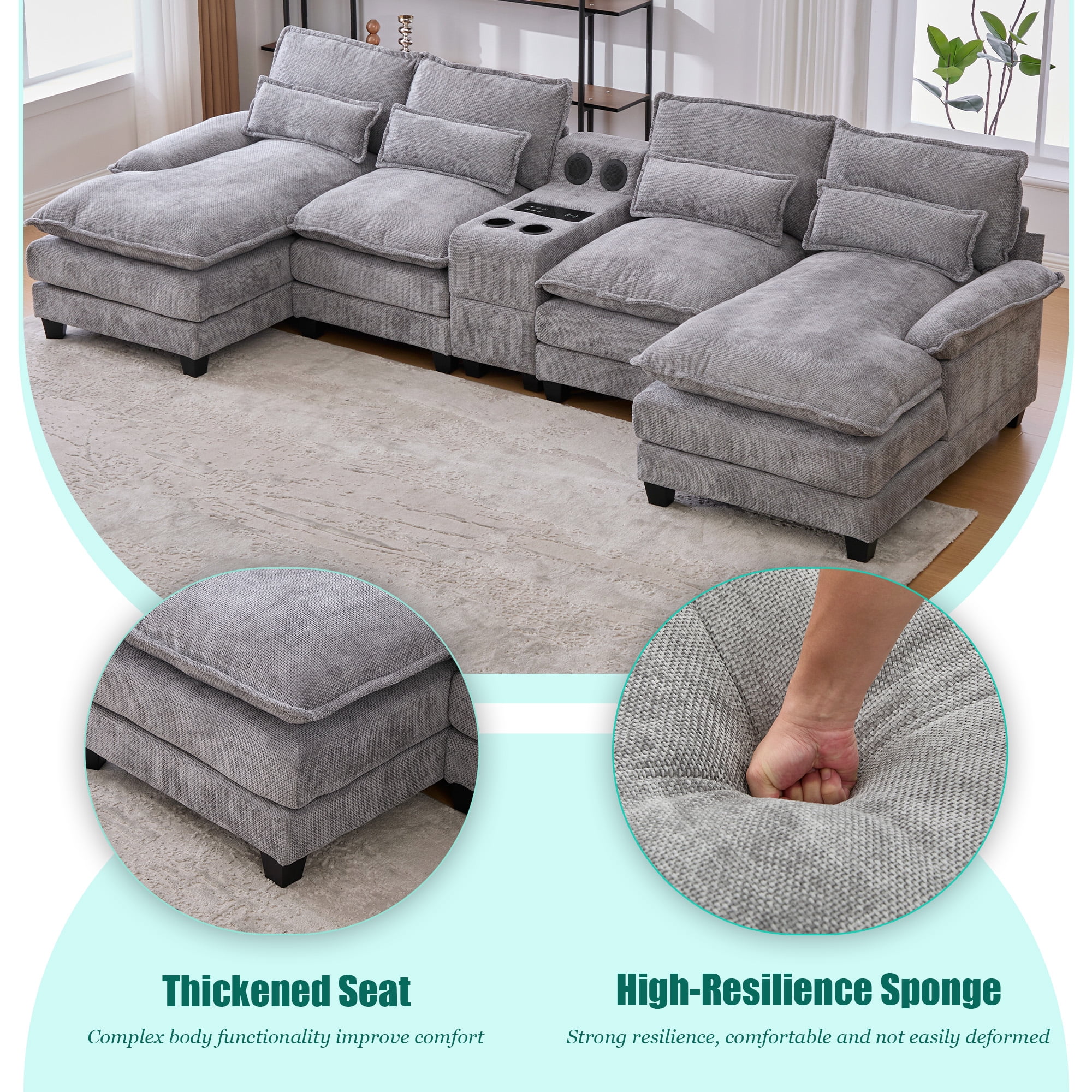 Villeston 126.77" U-Shaped Cloud Sofa With Chaise Lounge, Chenille Sofa With Wireless Charging, Bluetooth Speaker, Two Cup Holders, Storage Drawer, Suitable For Living Room,Gray