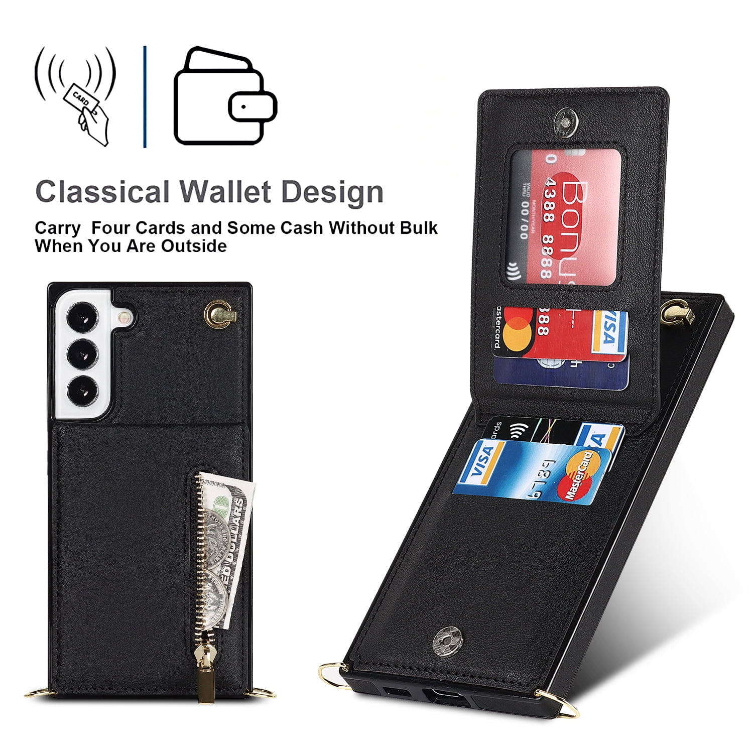 Dteck Flip Leather Wallet Case for Samsung Galaxy S24 Plus, Crossbody Wallet Case with Credit Card Holder Zipper Pocket Lanyard Shoulder Strap, Kickstand Phone Cover for Samsung S24 Plus,Black