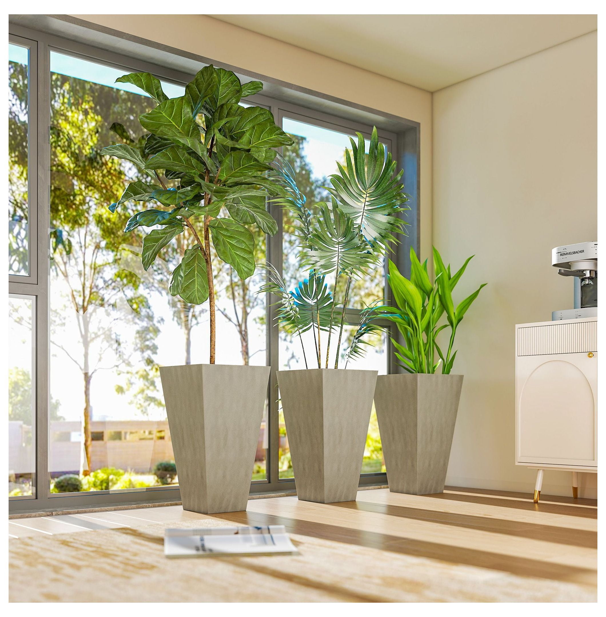 3 x 28" Tall Plastic Planters with Drainage, Outdoor Flower Pots, Indoor Plant Containers for Patio, Deck, Gray