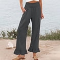 thumbnail image 2 of Linen Pants Women Smocked High Waisted Wide Leg Cropped Palazzo Pants with Pockets Flowy Boho Ruffle Ankle Beach Pant Gray S, 2 of 6