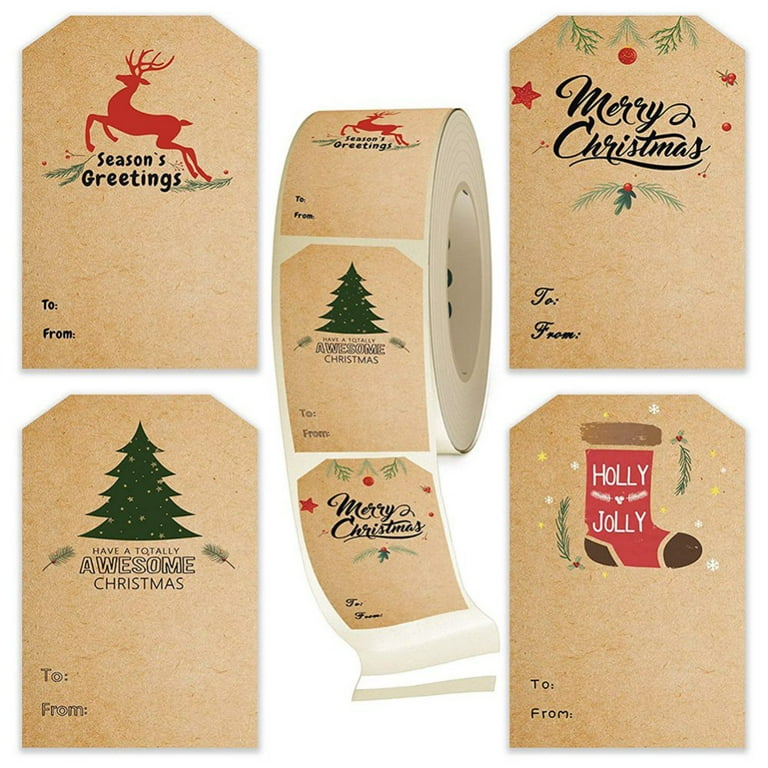 Brown Kraft Christmas Gift Tags Holiday Present Stickers,2 x 3 inches -  Various Different Designs, 300Pc/Roll 
