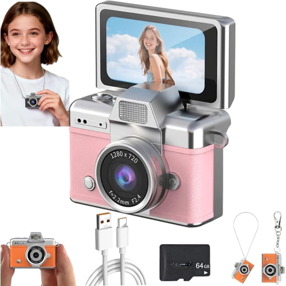 Mini Digital Camera with 1.47 in LCD Screen,Portable 1080p Mini Retro Digital Camera Keychain with 64GB Card-Flip Screen,Feel of Old 90s Photographs,Built-in Flash&Strap for Travel,Concerts,Students