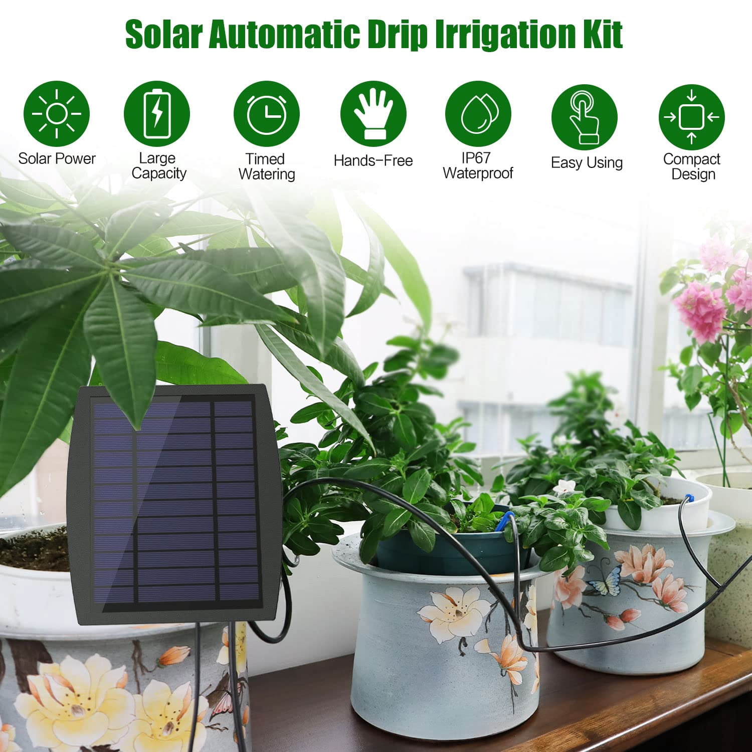 Solar Automatic Drip Irrigation Kit System Solar Powered Auto Easy DIY Watering Device Supported Pots Plants 6 Timing Modes