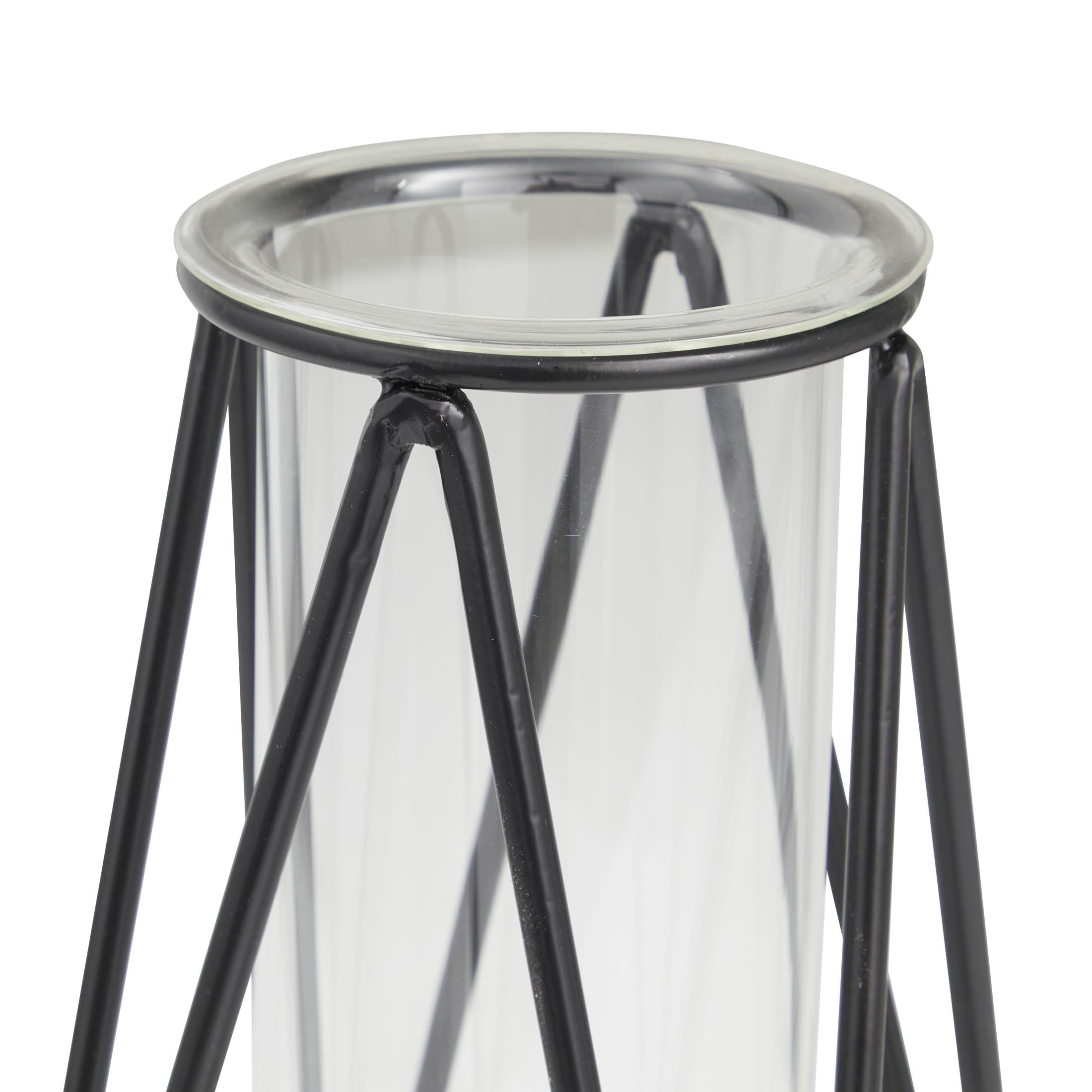 DecMode 13", 9"H Geometric Tube Black Glass Vase with Metal Stand, Set of 2