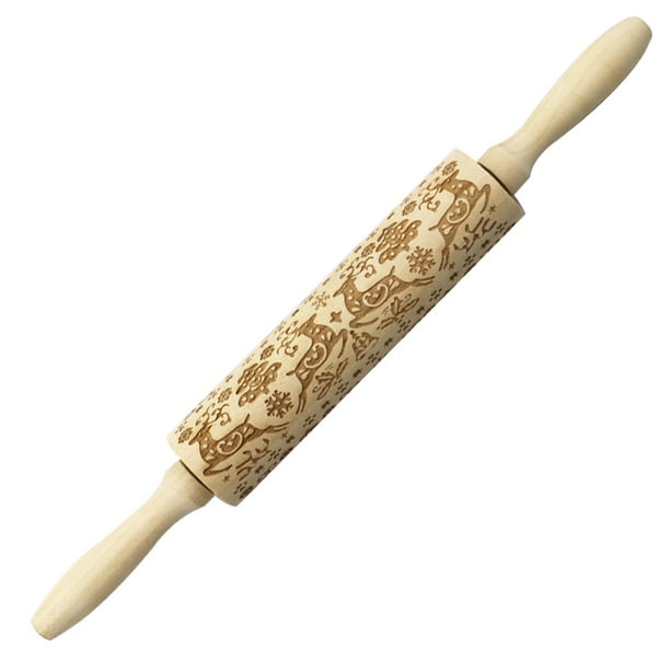 Wood Rolling Pins for Baking Elk Printed Sculpture Cookies Bakery