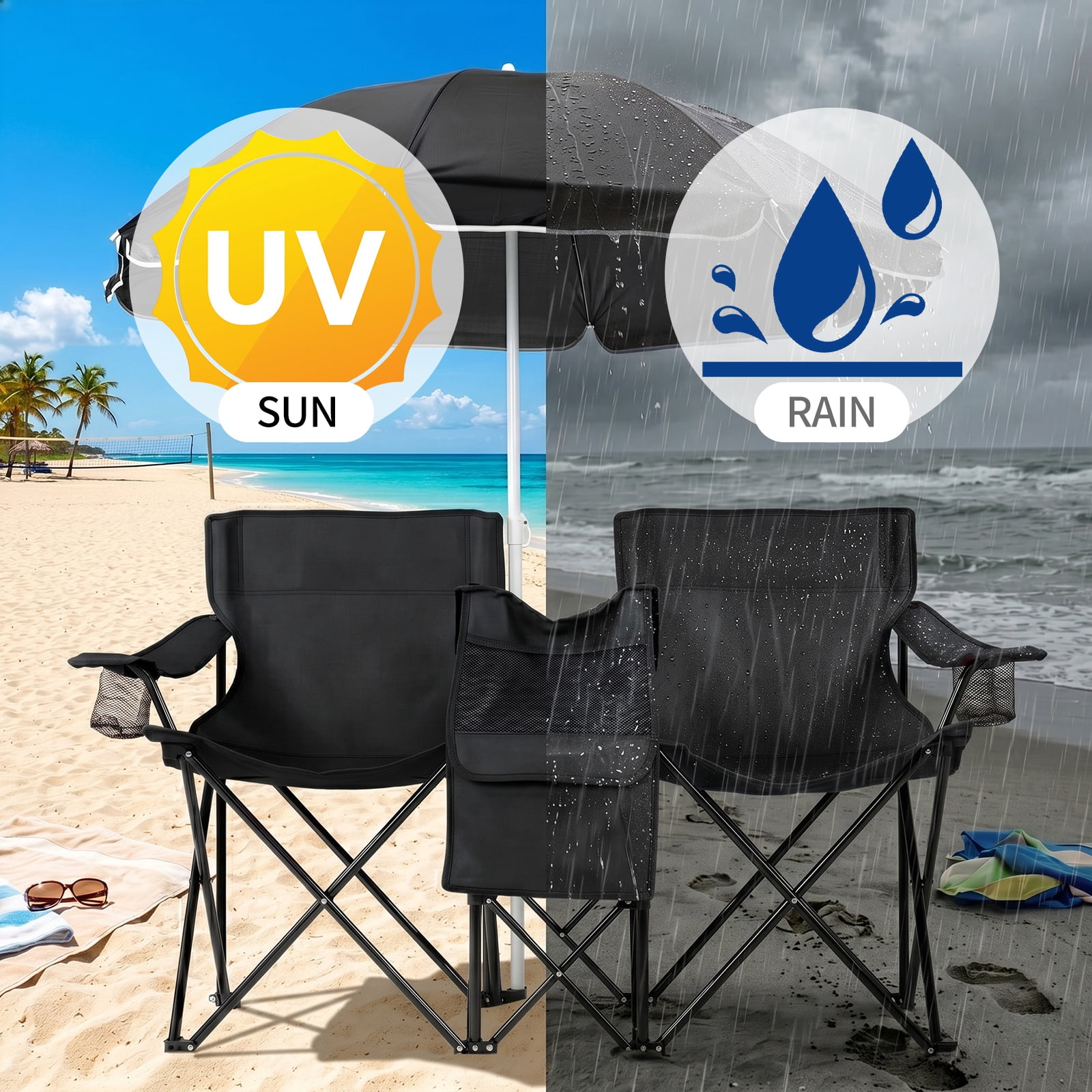 XL Double Folding Fishing Chair with Adjustable Umbrella,Iron Frame Chair with Insulated Cooler Bag, Cup Holder & Side Pocket, Portable 2-Person Outdoor Chair for Fishing Camping Beach