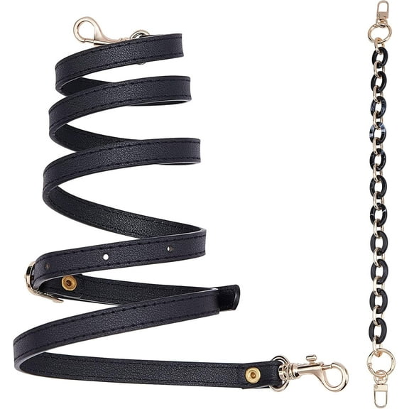 2 Styles Black Purse Chain Strap Ajustable PU Leather Shoulder Strap Long Bag Strap with Short Acrylic Chain Strap Purse Replacement Strap for Crossbody Bag Shoulder Bag 43"~5." 15.7"