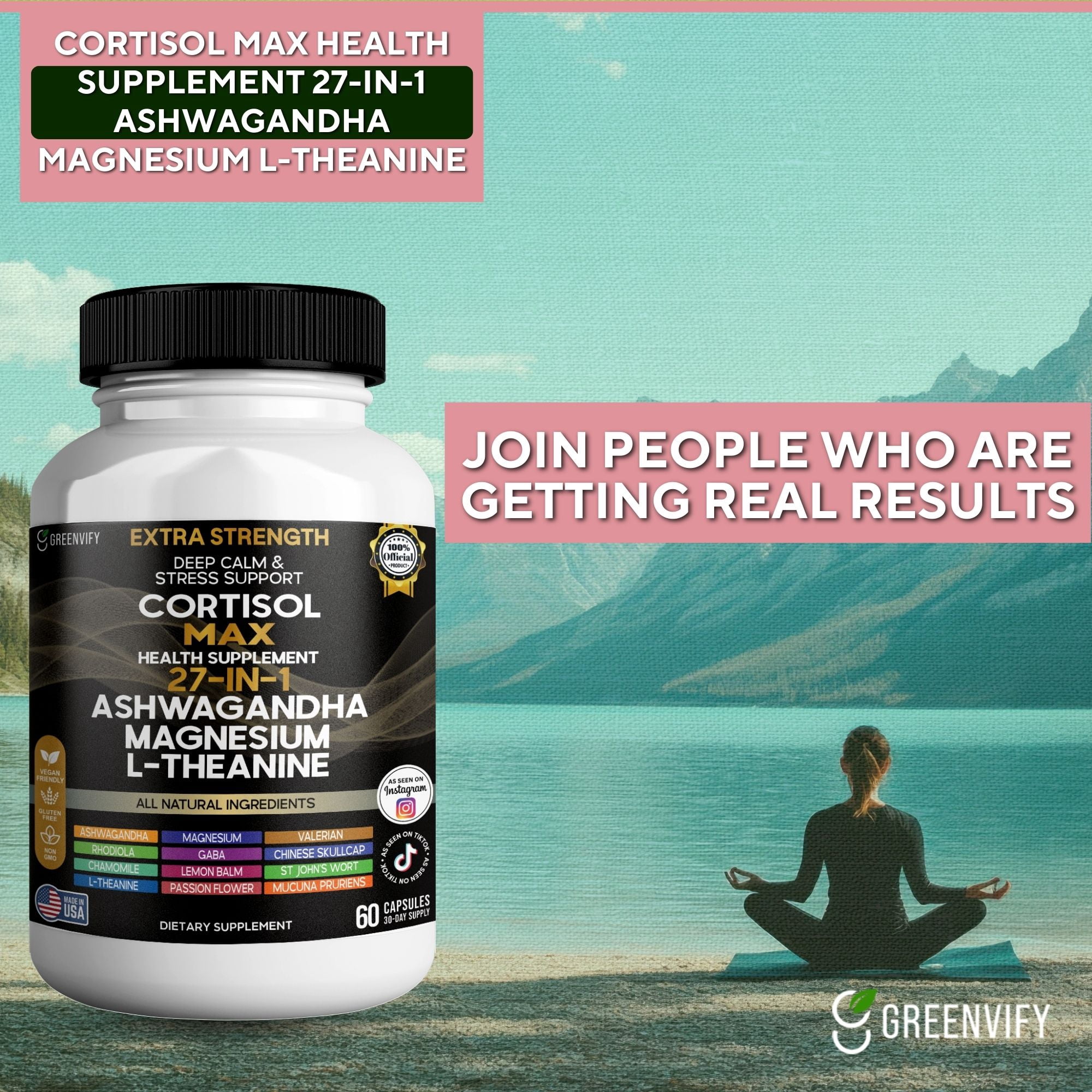 l carnitine cortisol GreenVify Cortisol Max Health Supplement 27-in-1 – Ashwagandha, Magnesium &  L-Theanine Daily Stress Balance & Wellness Support