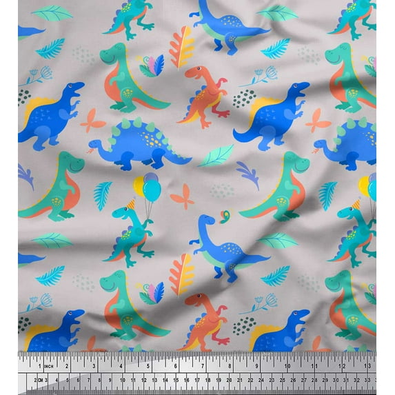 Soimoi Gray polyester Crepe Fabric Balloon & Dinosaur Kids Fabric Prints By Yard 52 Inch Wide