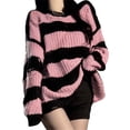 thumbnail image 1 of Lucakuins, prendas de punto sueltas de otoño para mujer, suéter de moda informal rasgado con cuello redondo y manga larga con estampado de rayas y colores en contraste Lucakuins  moda, 1 of 9