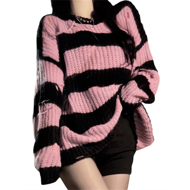 Lucakuins, prendas de punto sueltas de otoño para mujer, suéter de moda informal rasgado con cuello redondo y manga larga con estampado de rayas y colores en contraste Lucakuins moda