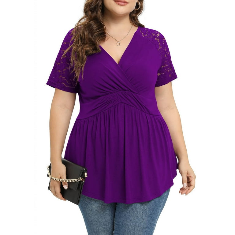 RYRJJ Women's Plus Size Dressy Tops Sexy Wrap Shirt Contrast Lace Short  Sleeve Tunic Top V Neck Low Cut Cute Blouse(Purple,3XL)