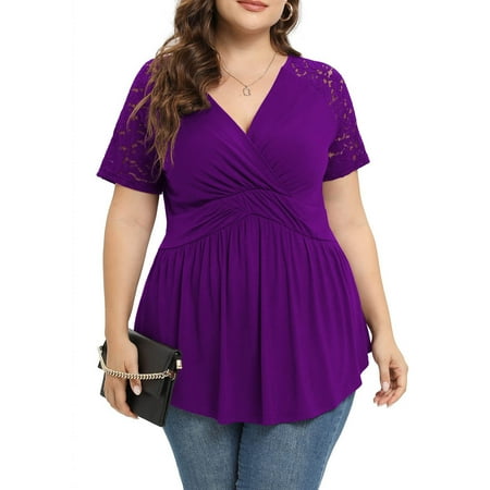 CHGBMOK Women Plus Size Top Short Sleeve Wrap Lace Dressy Shirt Sexy Low Cut Babydoll Blouses