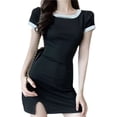 thumbnail image 4 of Vestido corto de manga corta para mujer, cuello redondo dividido, ajustado, ajustado, elegante, camiseta de verano, pantalones cortos, vestido negro L, 4 of 8