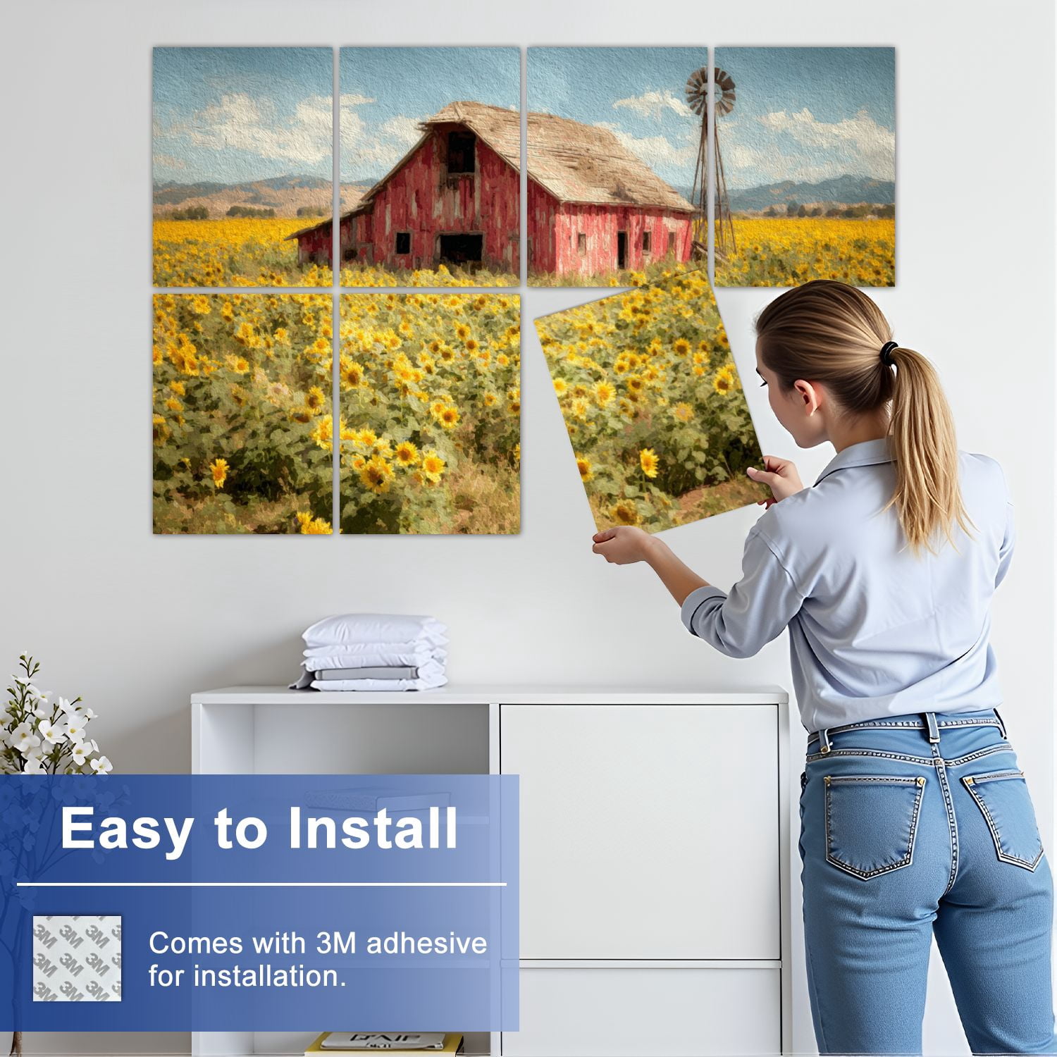 8 Pack Art Acoustic Panels Sound Absorbing Serene Rural Scene Weathered Barn Towering Sunflowers Decorative Soundproof Wall Panels Self Adhesive for Bedroom Home Office 48"x32"