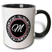 3dRose Letter M stylish monogrammed circle - girly personal initial personalized black damask with hot pink - Two Tone Black Mug, 11-ounce
