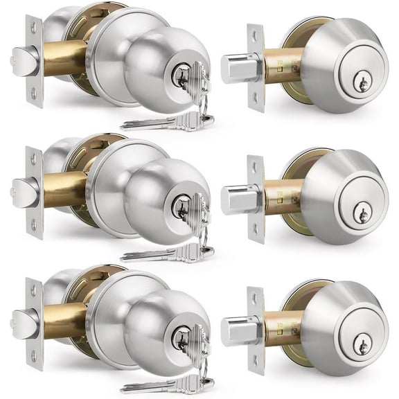 3 Pack Keyed Entry Door Knob and Single Cylinder Deadbolt Combination Set in Satin Nickel, Exterior Door Knob with Deadbolt, Keyed Alike Door Lock Sets Deadbolt Combo