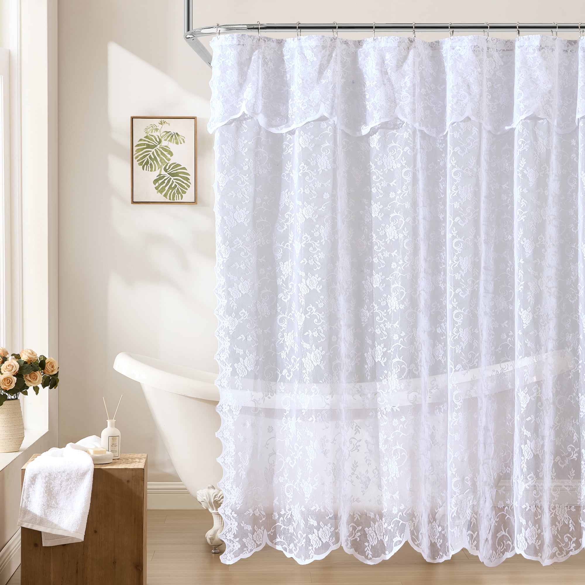 THD Harpy Lace Shower Curtain for Bathroom with Floral Vine Design and Attached Valance – Elegant Victorian Classic Style (White, 72 x 72 Inch)