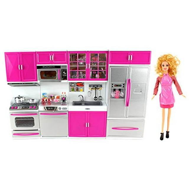 My Modern Kitchen Full Deluxe Kit Battery Operated Toy Doll Kitchen Playset w/ Toy Doll, Lights, Sounds