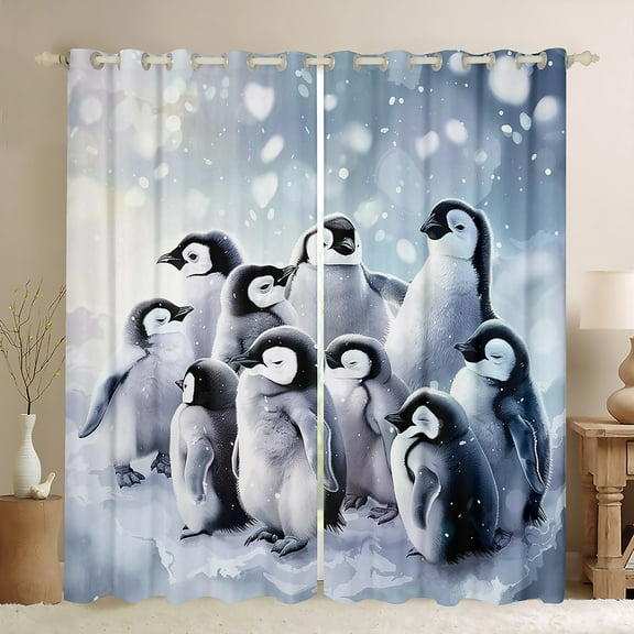 jejeloiu Antarctic Animal Blackout Curtains,Kawaii Penguin Curtains Pack of 2 (38x45 Each),Gray White Window Curtains For Kids,Ultra Soft Home Decor