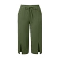 thumbnail image 4 of Womens High Waisted Capri Pants 100% Cotton Drawstring Elastic Waist Wide Leg Split Hem Casual Summer Pockets Army Green,Size S, 4 of 6