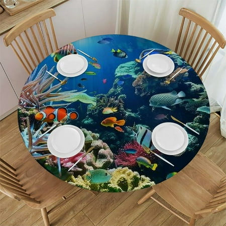 

Palnkart Corals Fish Underwater Round Table Cover Stain Resistant Washable Indoor Outdoor Tablecloth Kitchen Dining Wedding Parties Elastic Edge 100% Polyester Fiber 46-50