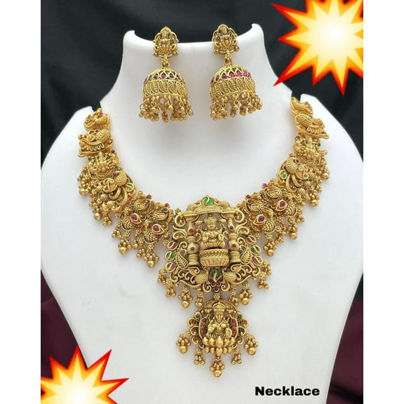 Traditional Gold Plated Temple Jewelry Necklace Set with Jhumka Earrings