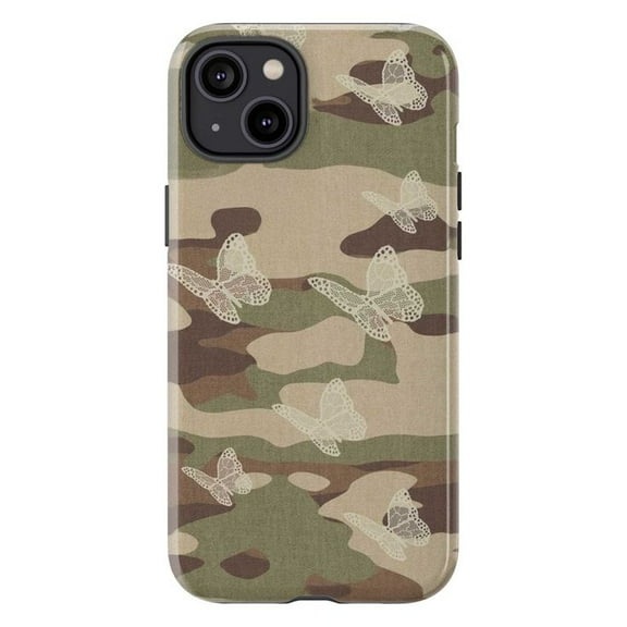 Camouflage Butterfly Phone Case, Boho Military Chic Aesthetic Protective Cover for iPhone 16 15 14 13 12 11 Pro Max Plus Mini