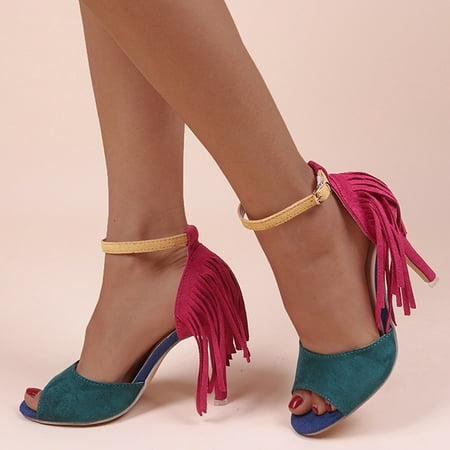 

Cathalem Walking Sandals for Women with Arch Support 7 1/2 Fashion Summer Women Sandals High Heel Colorblock Fish Mouth Tassel Sandal Green 7