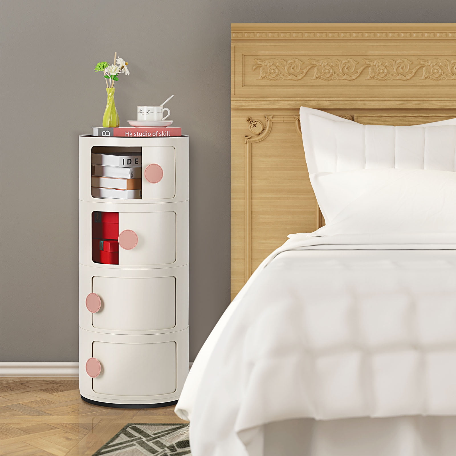 4 Drawer Sliding Barrel Modern Bedroom Nightstand, Beige