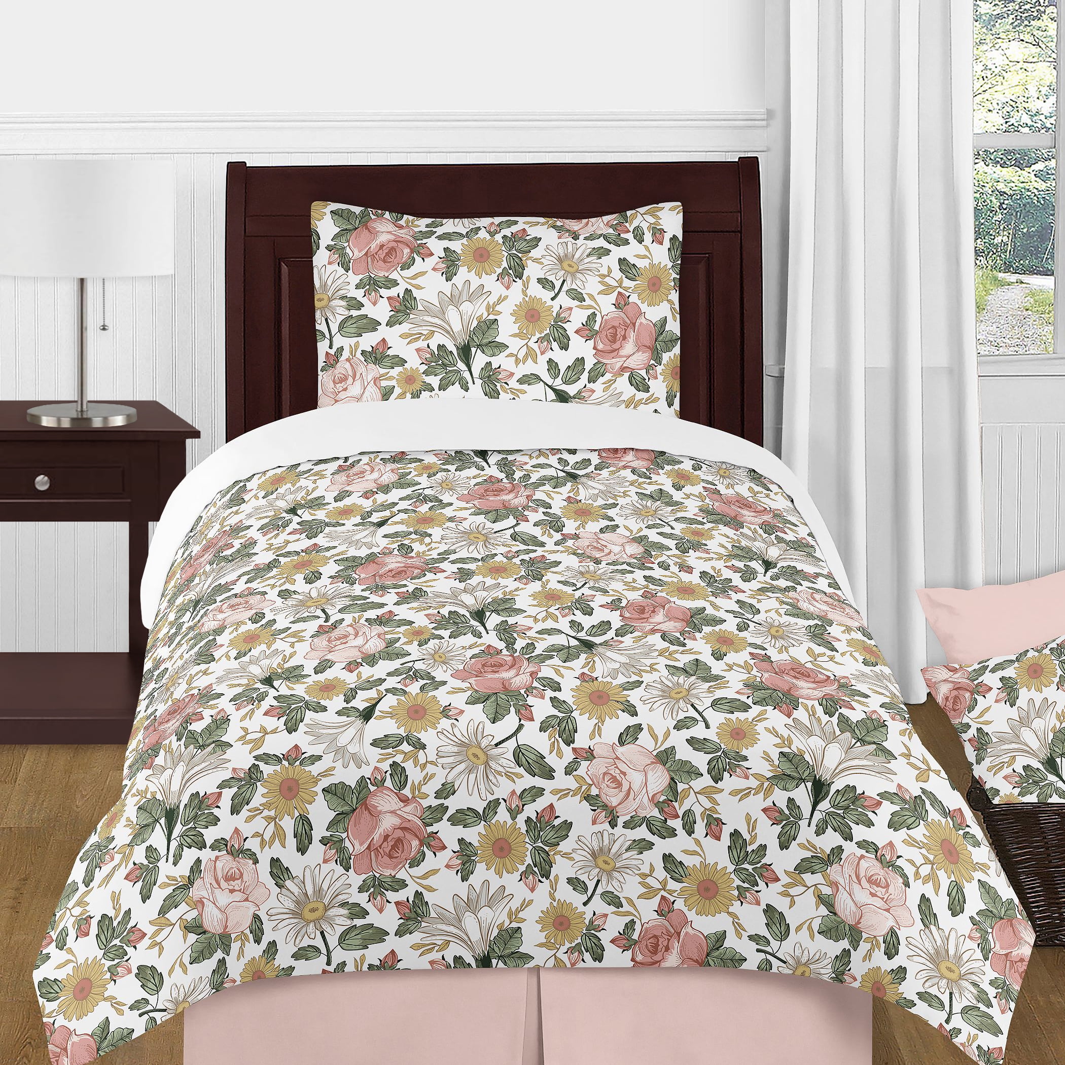 Pink And Green Vintage Floral Rose Twin Bed Comforter Bedding Set By Sweet Jojo Designs 