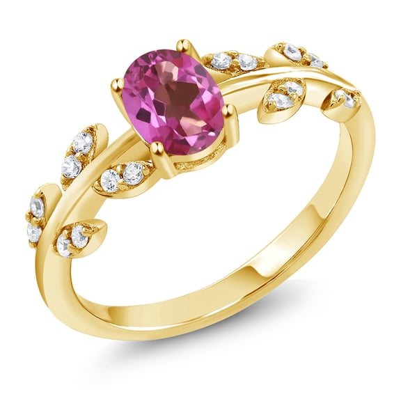 Gem Stone King 18K Yellow Gold Plated Silver 1.01 Ct Oval Pink Mystic Topaz Greek Olive Vine Branch Engagement Ring