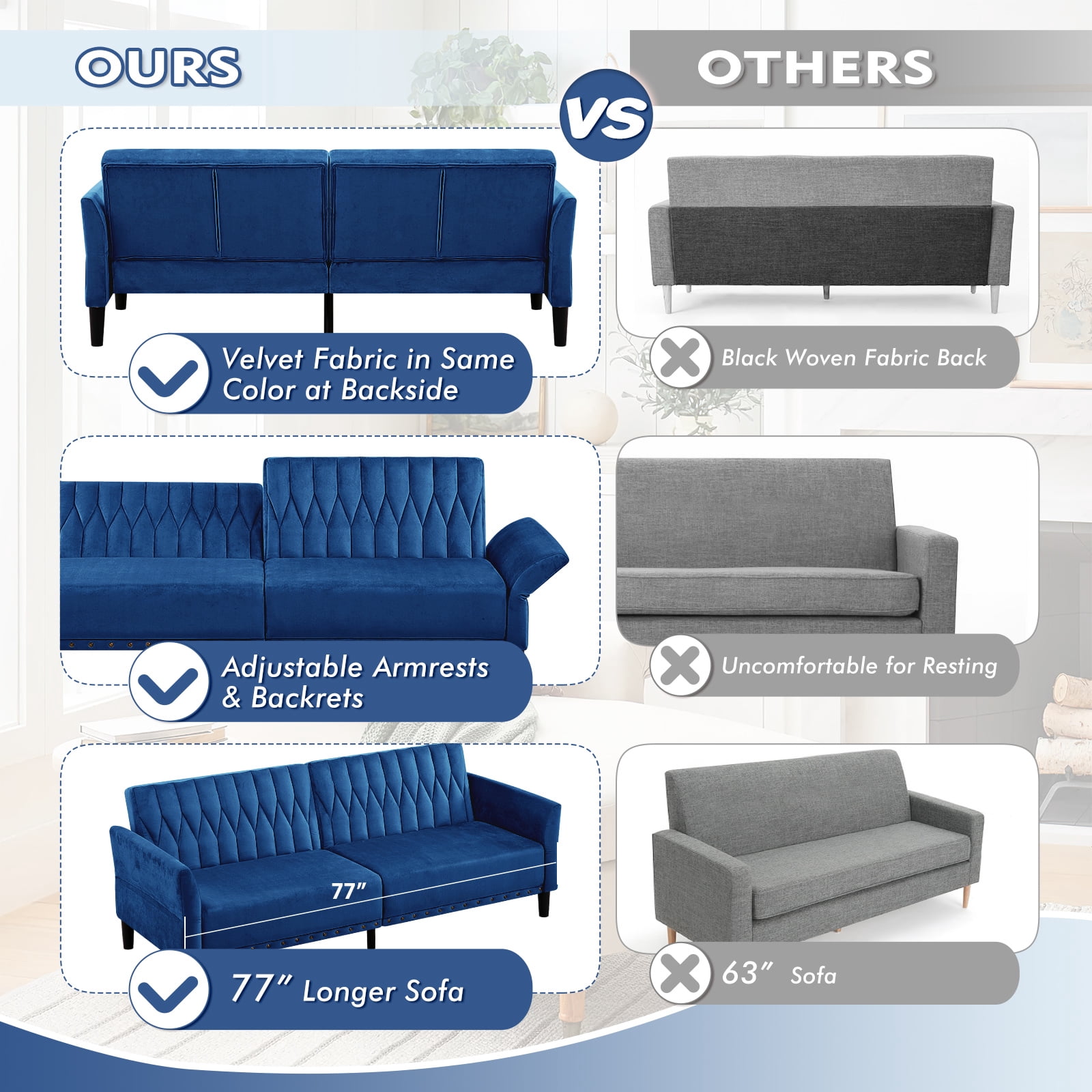 ACMEASE 77 Inches Velvet Sofa Bed w/Adjustable Backrests & Armrests, Tufted Sleeper Sofa Couch w/Nailhead Trim, Convertible Modern Recliner Loveseat for Living Room,Office, Blue