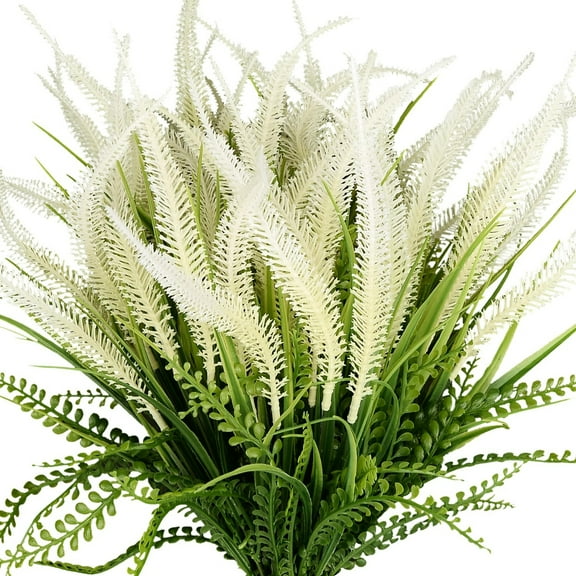 Artificial Outdoor Plants – 15 Bundles of Faux Bead Grass Greenery, UV Resistant & Weatherproof Fake Plants for Patio, Porch, Garden, Indoor Decoration, White