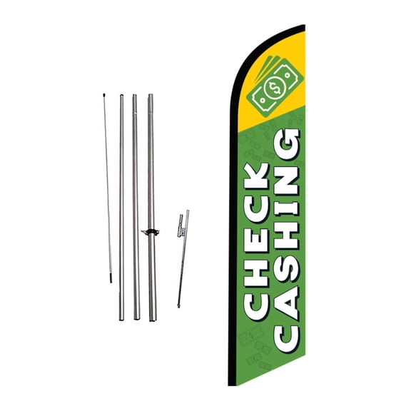 Cobb Promo Check Cashing Green Feather Flag with Complete 15ft Pole kit and Ground Spike