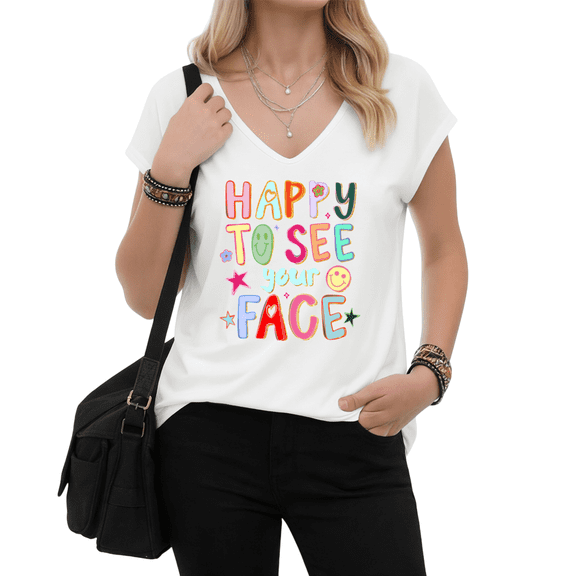 UNISHE Happy To See Your Face Colorful Smiley Face Graphic Tees V-neck Print Tshirt Shirts White S-5XL Tops