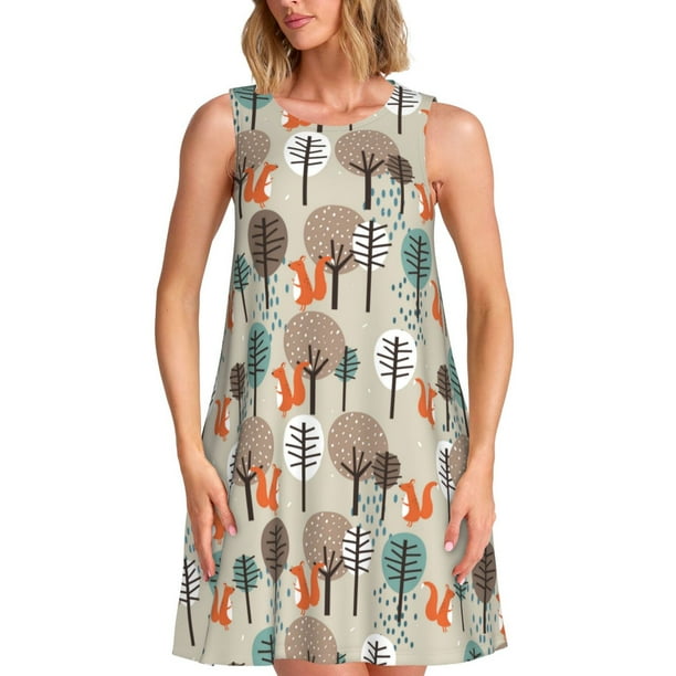 Fotbe Squirrels and Trees Vestido de Verano sin Mangas para Mujer – Vestido Midi Línea A, Estilo Camiseta Floral, Vestido Playero Casual y Fluido