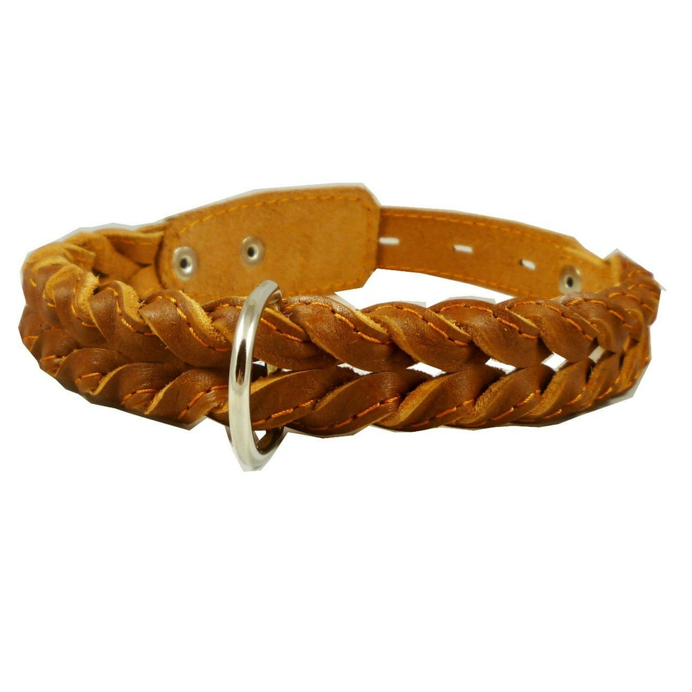 Genuine Leather Braided Dog Collar 11'14' Neck, 7/8' Wide, Brown