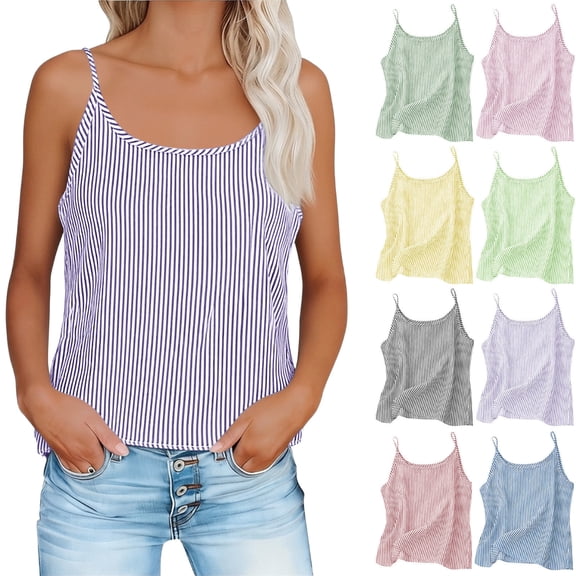 Afuyipoi Women's 100% Cotton Striped Cami Tank Tops, Summer Strappy Sleeveless Shirt, Boho Casual V Neck Pullover Blouse, Available in Plus Size Purple Size L