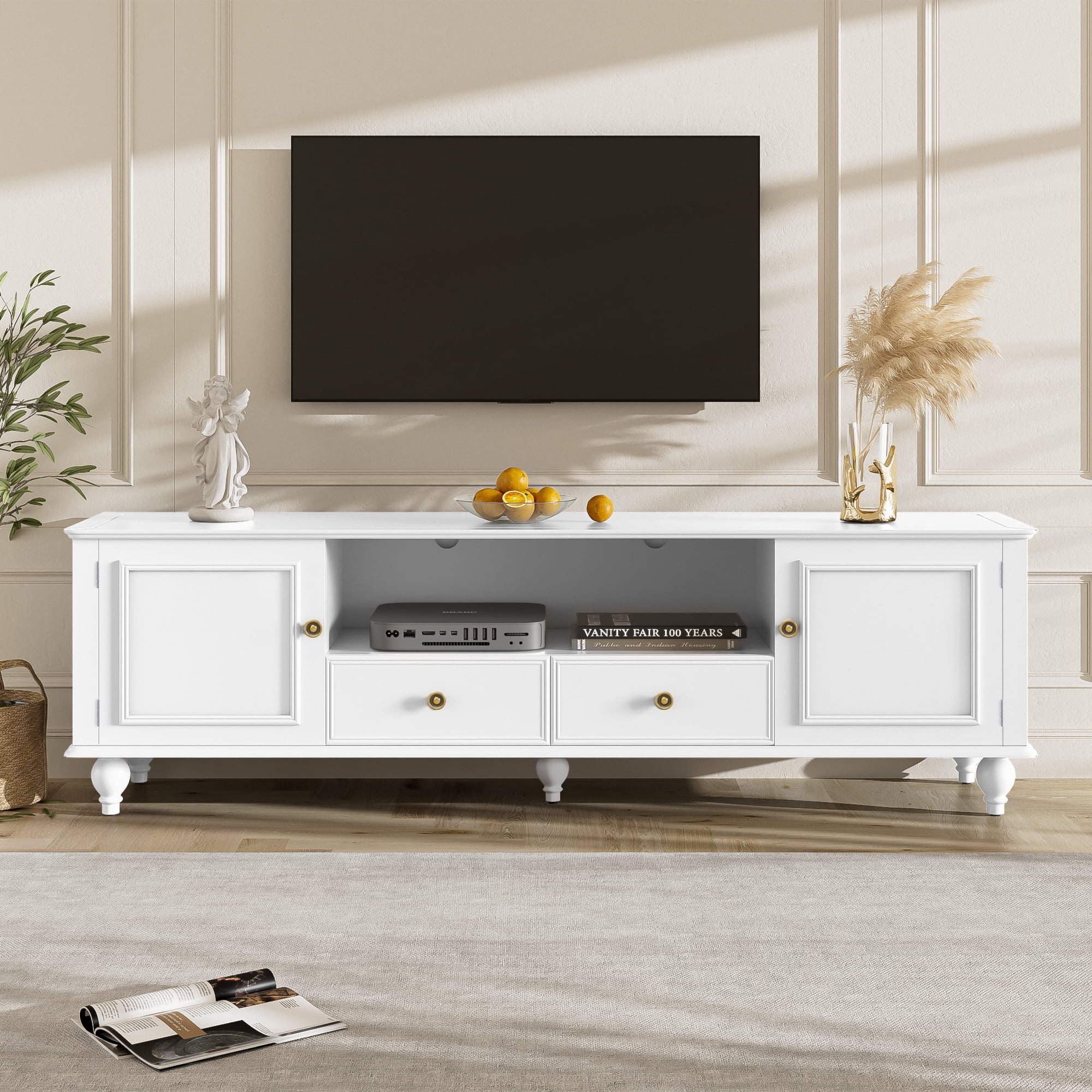 Euroco Modern Minimalist TV Stand with 2 Cabinets, 2 Drawers, and Open Shelf, Media Console with Anti-Tip Kit, for TVs up to 65"