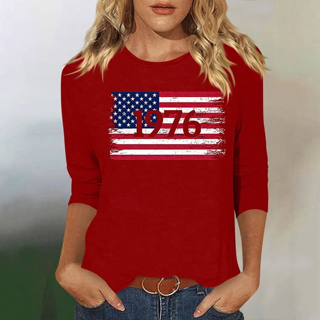Uootdi Hauts pour Femmes Manches 3/4 Col Rond Imprimé Drapeau 1996 Coupe Décontractée Tenues Patriotiques du 4 Juillet Cadeau