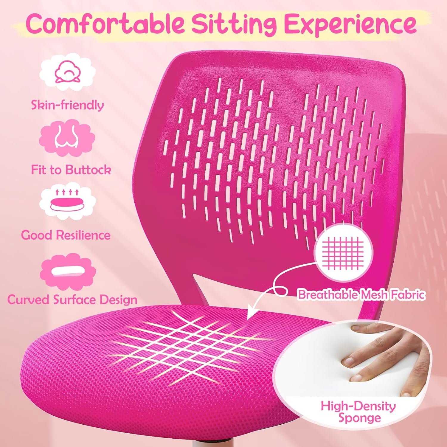 GLACER  Desk Chair, Armless Study Chair with Adjustable Height & Swivel, Low Back, Ergonomic Rolling Office Chair Computer Chair for Teens, Children (Rose)