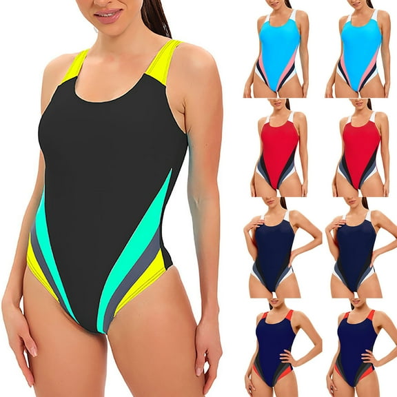 Elainilye Fashion Swimsuit Women Athletic Swimsuits Modest Swimwear Color-blocking Sexy Backless Swimwear,Blue