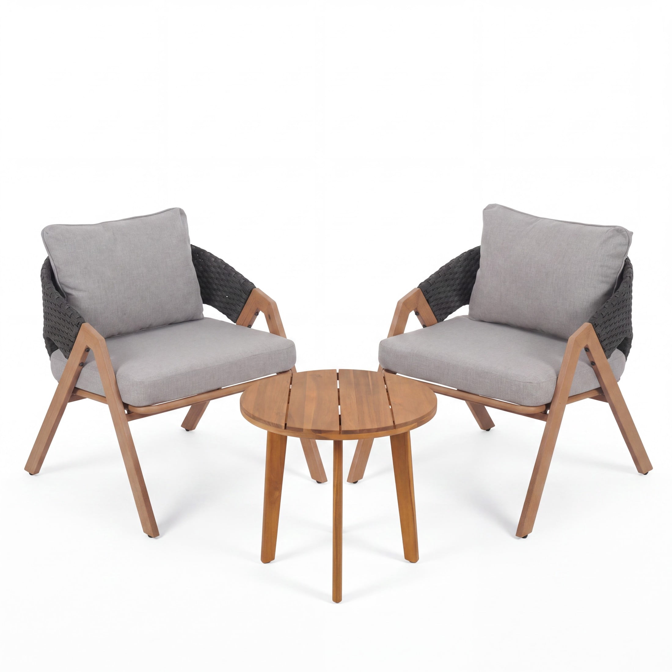 Christopher Knight Home 3-Piece Coastal Patio Chat Set, Rattan Chairs with Wood Side Table, Teak+Gray