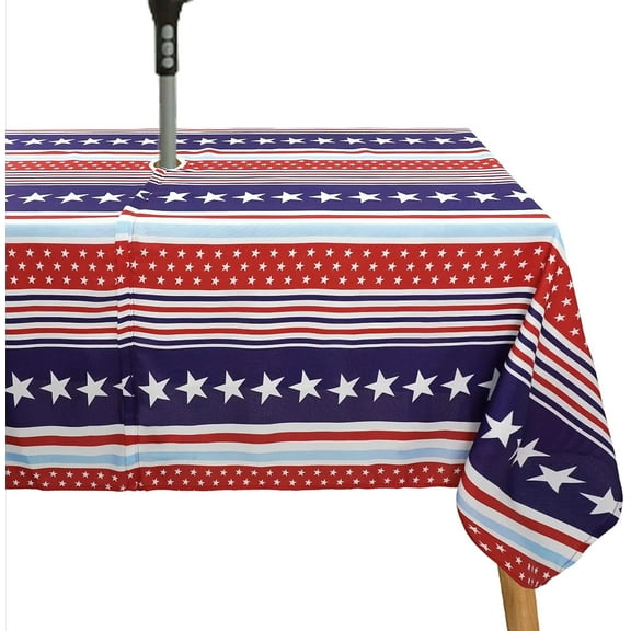 4th of July Tablecloth Memorial Day Patriotic Table Cloths Waterproof American Flag Table Cloth with Umbrella Hole 60 x 84 inch for Outdoor Round Table