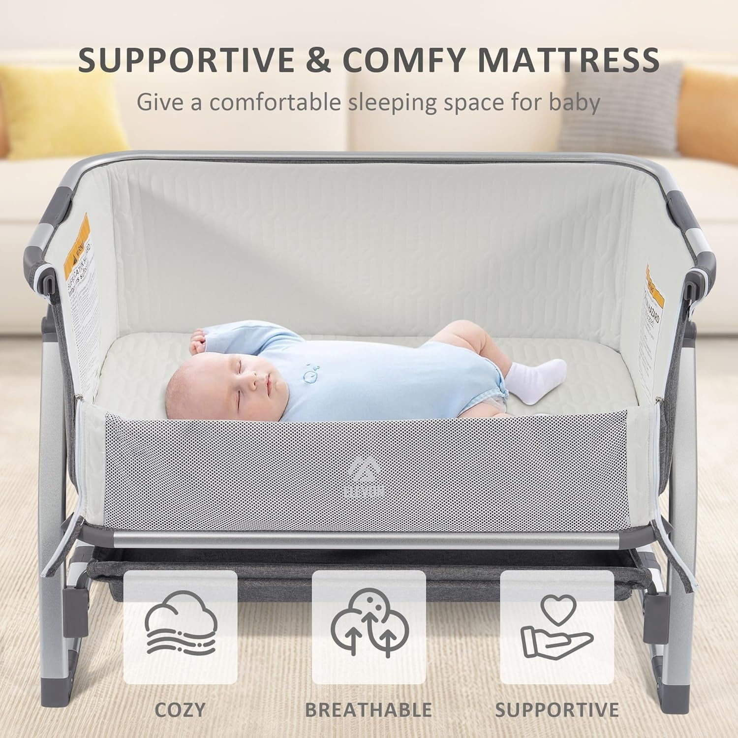 FlexWave 4-in-1 Adjustable Baby Bassinet, Foldable Bedside Sleeper, Portable Infant Crib，with Breathable Mesh, Secure Strap, Rocking Feature, Height Adjustable, for Newborn Comfort and Safety