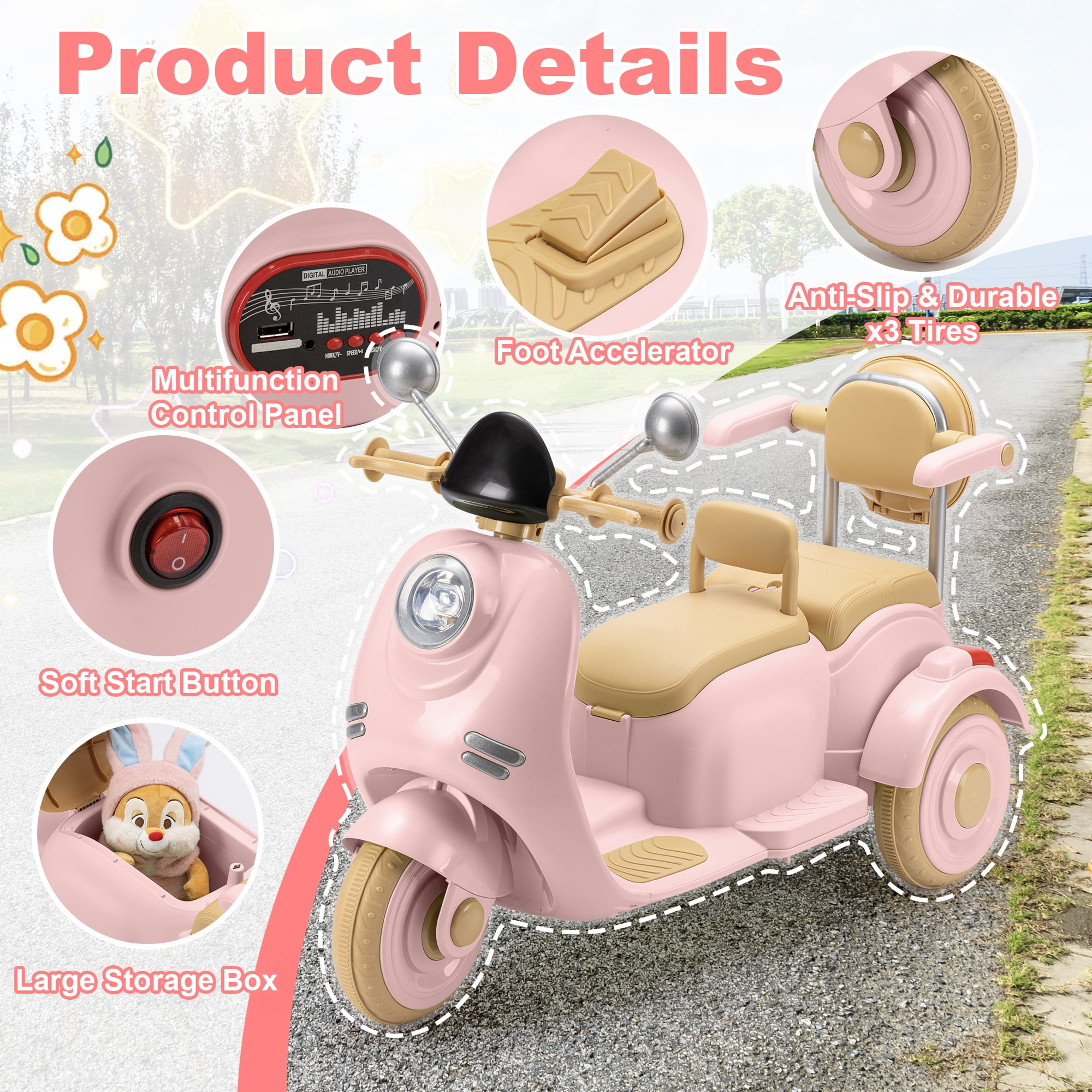 Dimedeal 12V Electric Motorcycle, Ride On Scooter for Kids, 2 Seater with Storage & Dual Motors, 3-Wheel Electric Ride On Toy for Girls Ages 3-8, Safe & Cute Design (Pink)