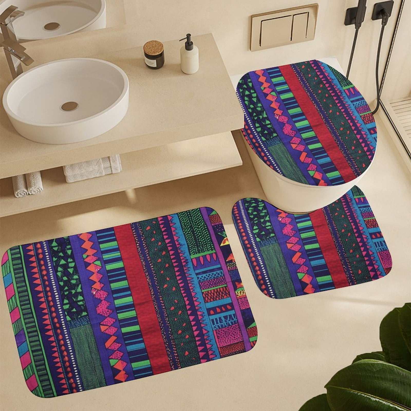 Purple And Blue Geometric Shapes Shower Curtain Sets with Rugs 4 Piece Non-Slip Rugs And Toilet Mat Lid Rug Accessories Bohemian Modern Durable And Waterproof for Bathtub Decor